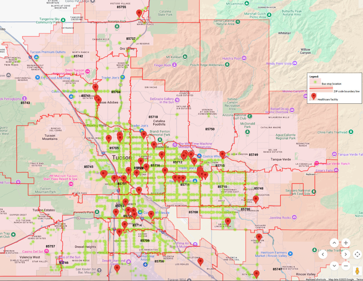 Heatmap Showing Density of Bus Stops per Zip Code